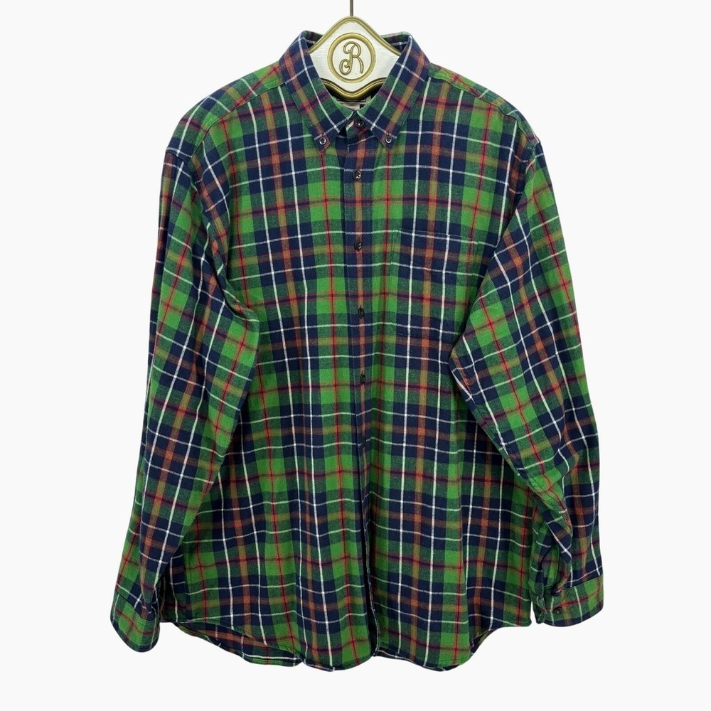Vintage L.L. Bean Flannel Shirt Green Plaid Cotton Gorpcore Hiking Men's LARGE